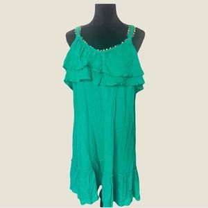 Blue Rain green ruffle dress with multicolor details. Size: Large